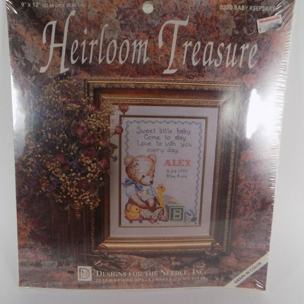 🌷5/25 SALE NEW Vintage Heirloom Treasure Baby Keepsake Bear Cross Stitch Kit